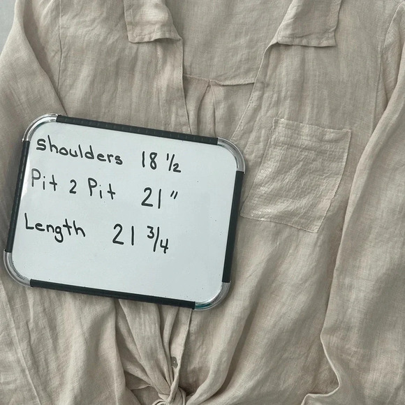 100% Linen tie waist button up blouse, sequined pocket w/ roll up sleeve - Picture 7 of 7